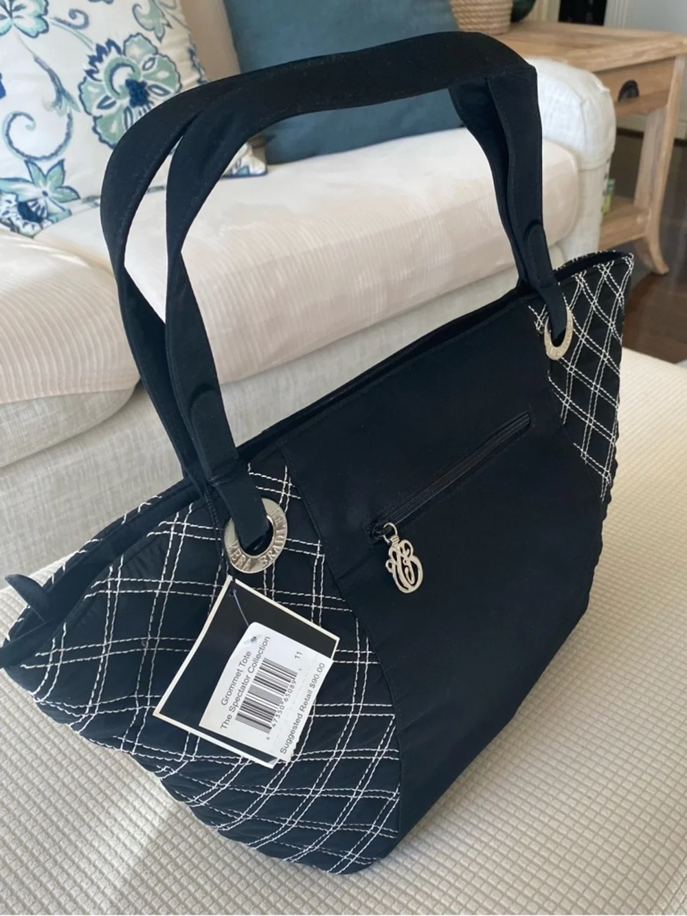 Vera Bradley Black Quilted-Trim Tote with Silver Charm